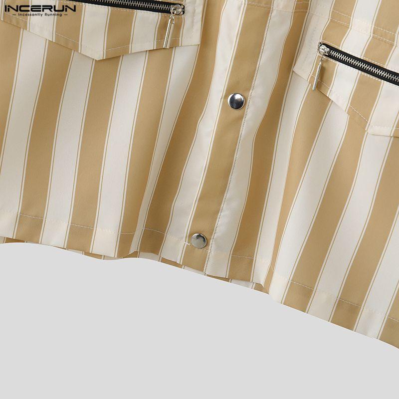 INCERUN S-5XL Men Lapel Neck Short Sleeve Striped Print Casual Oversized Cropped Tops Shirts