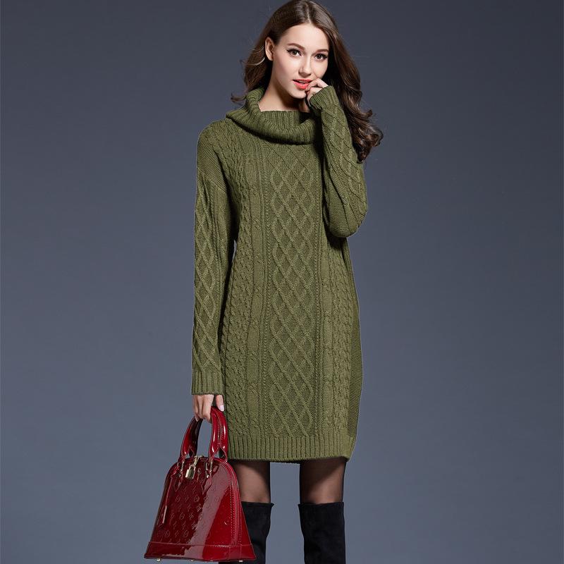 Women's Autumn and Winter Solid Color Slim Knit Dress Spring High Neck Medium Long Elegant Sweater
