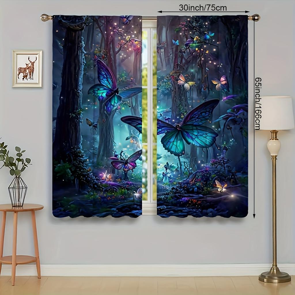 Lebendiges Blau 2 Stück Schmetterlingswald Vorhänge - Strapazierfähiges Polyester   Digitaldruck   Stangentaschen-Design - Lichtecht   Ideal für Li