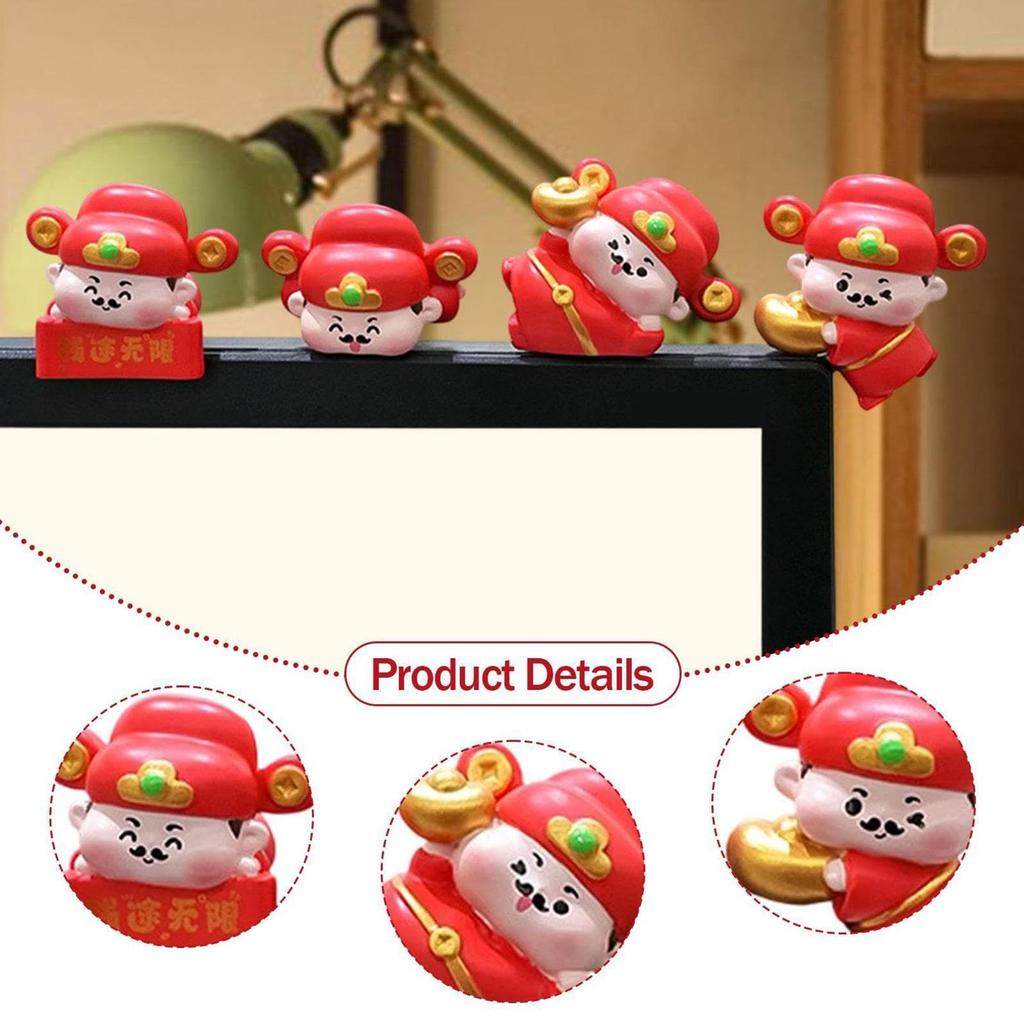 Dashboard Decor 4-Piece God Of Wealth Figurine Computer Decorations For Office Computer Room Laptop Bedroom Home TV Men Work