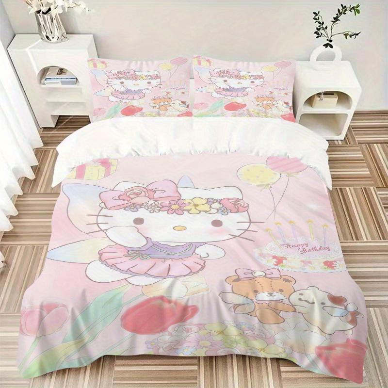 3pcs Happy Birthday Hello Kitty Bedding Set - 1 Soft Quilt Cover + 2 Pillowcases, Machine Washable - Suitable for All Seasons, Perfect Gift