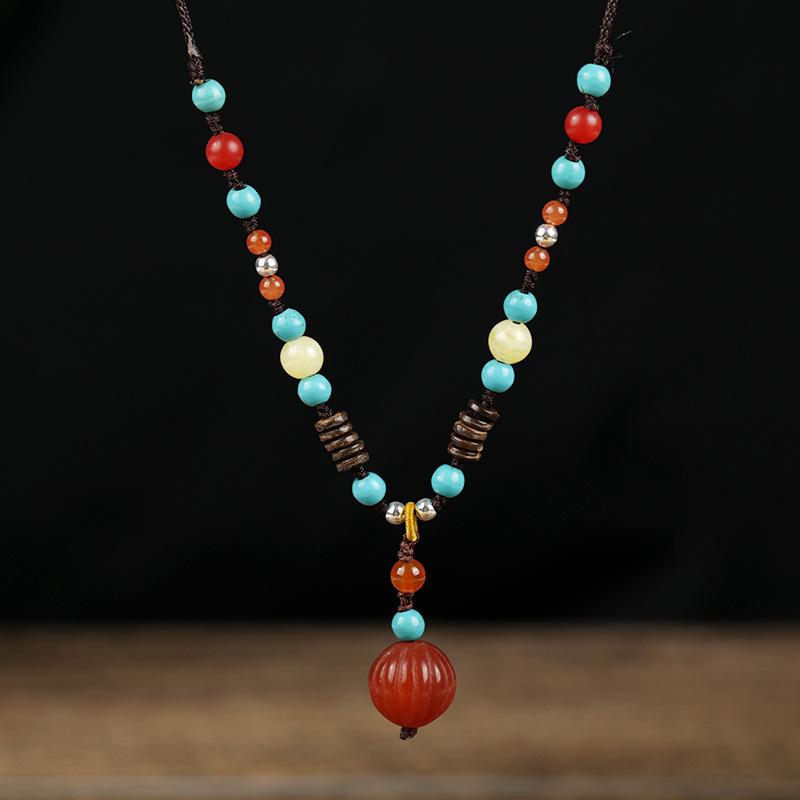 Vintage Nanhong agate necklace femininity long pendant Nepalese Tibetan adjustable collarbone chain summer