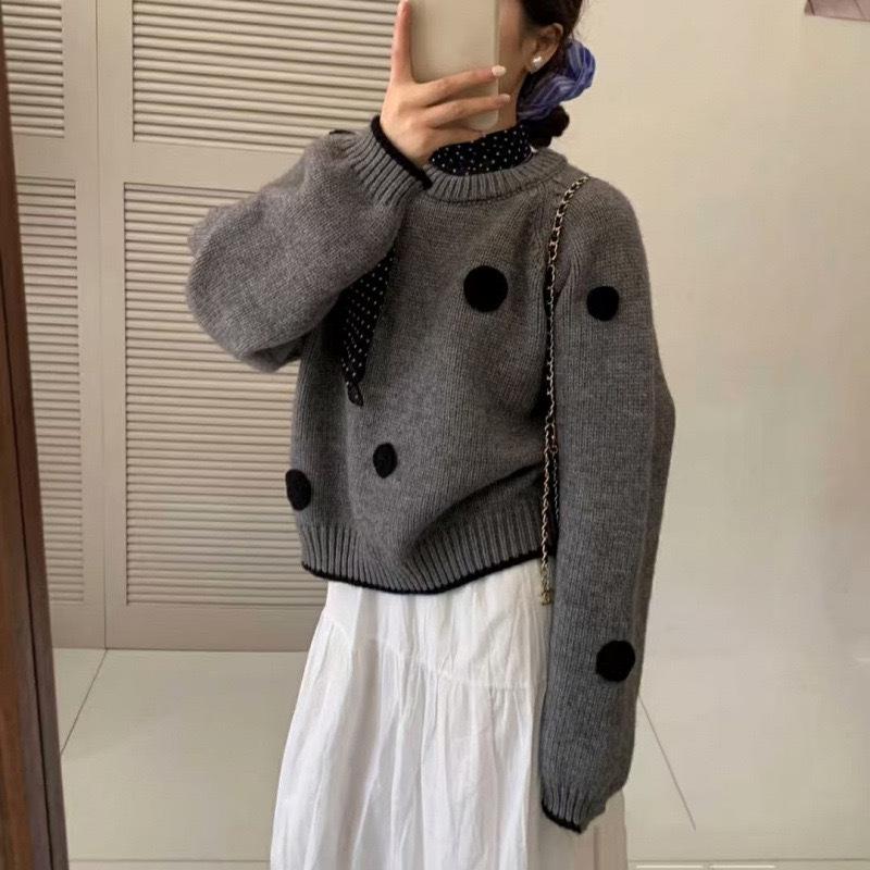 Women's Retro Polka Dot Fluffy Knit Sweater with Stand-Up Collar - Slimming Autumn/Winter Top