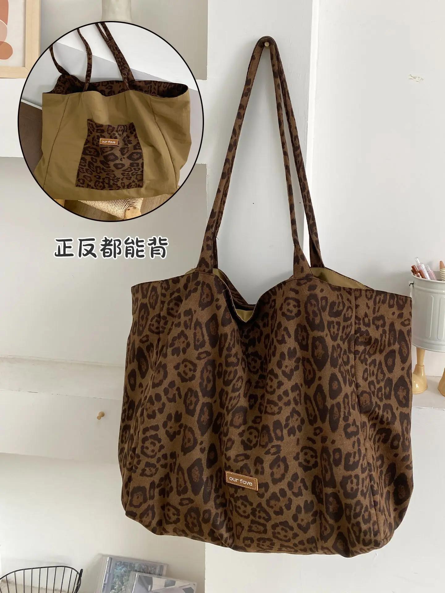 

Vintage Leopard Women s Suede Shoulder Bags Double Sided Female Versatile Tote Shopping Bag Large Capacity Travel Handbags коричневый