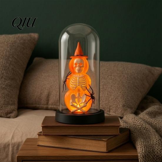 Halloween Window Display Pumpkin Skeleton Cloche Lamp, Lighted Stacking Skull in Clear Decor Dome with Witch Hat for Tabletop Mantel, Party