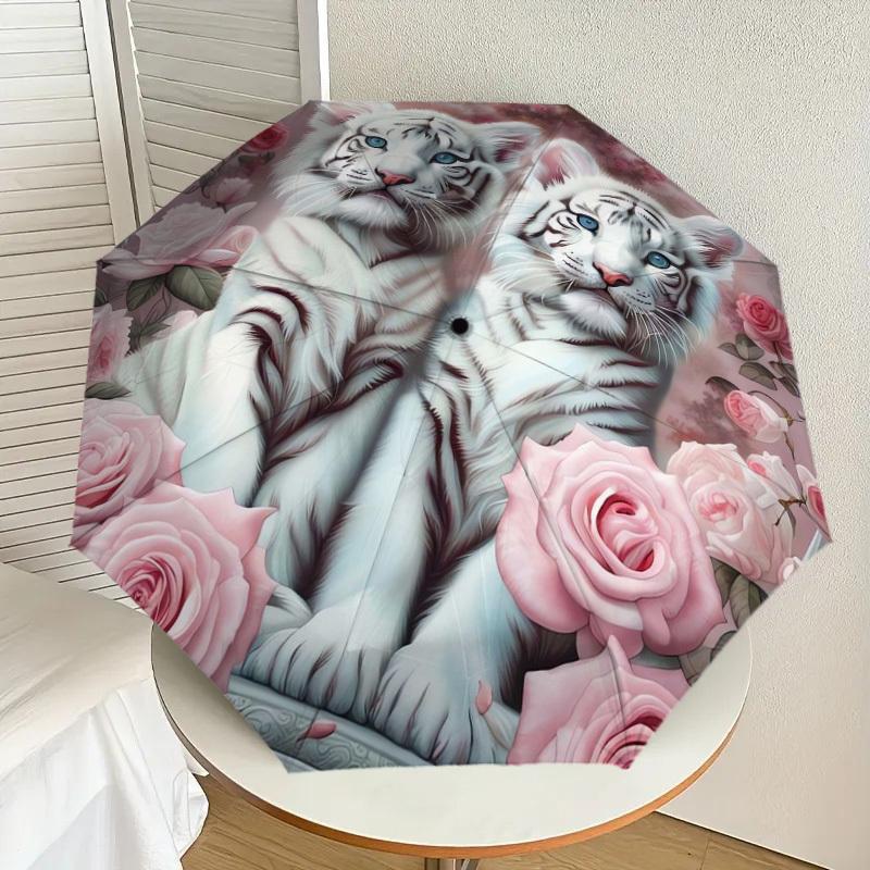 

1pc White Tiger Roses Floral Artwork Umbrella with Plastic Handle,Suitable for All Seasons Home Travel Outdoor UmbrellaDD038