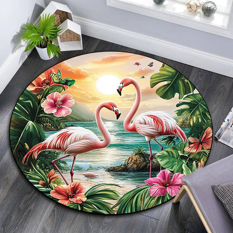 Flamingos Sunset Beach Round Area Rug,Carpet Rug for Living Room Bedroom Sofa Playroom Decor,Non-slip Floor Mat