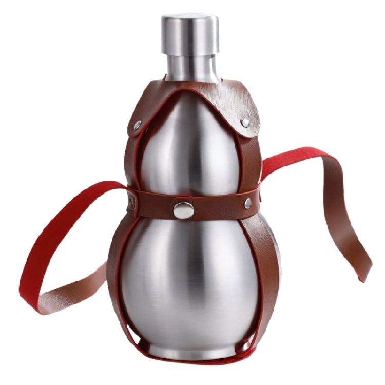 

Silver 500ml Stainless Steel Travel Gourd Shape Water Bottle With Practical Carry Leather Strap Whiskeys Liquor Flask 1