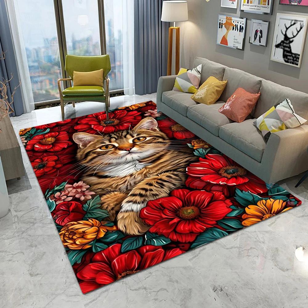 Cute Cat Flowers Carpet Cartoon Living Room Bedroom Kitchen Sofa Entrance Rug Non-slip Washable Home Beautiful Girl Decor Mat