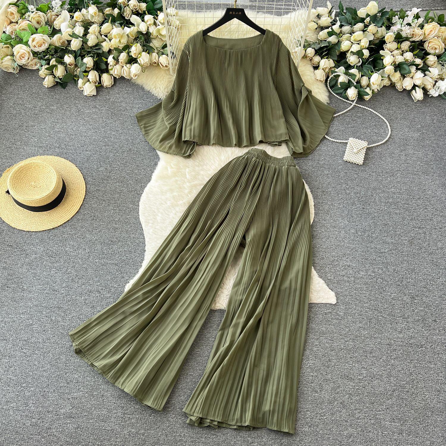 

Новый женский повседневный шифоновый комплект из двух предметов, весна-лето, свободная рубашка большого размера, топ с высокой талией, прямые брюки, плиссированные костюмы One Size