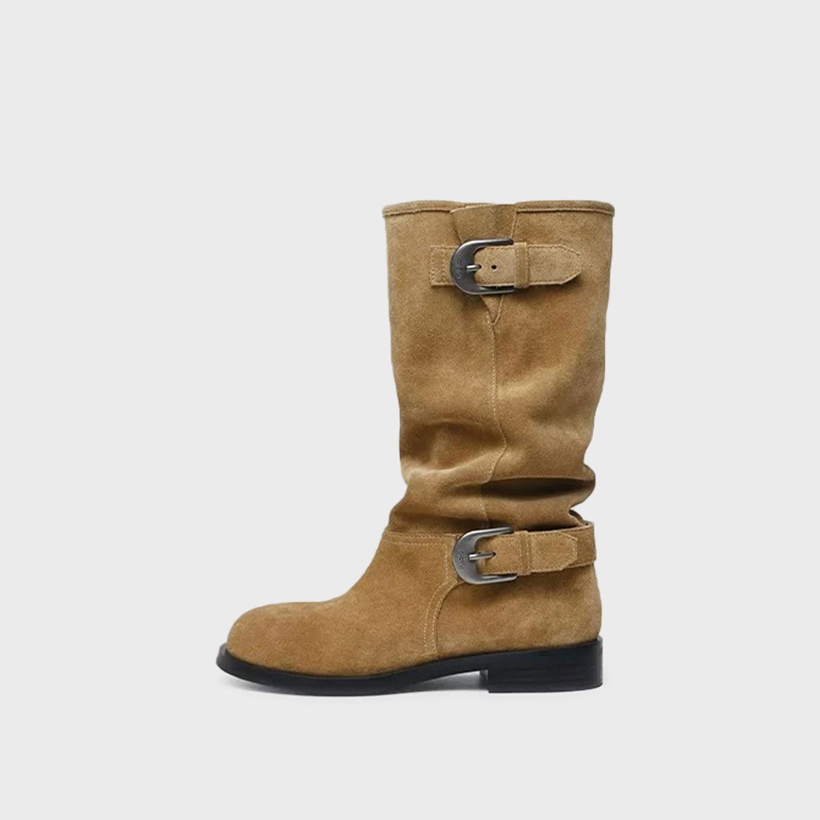 

Pleated pile boots women s boots 2025 summer new metal buckle leather knight boots splicing retro western boots 40 хаки