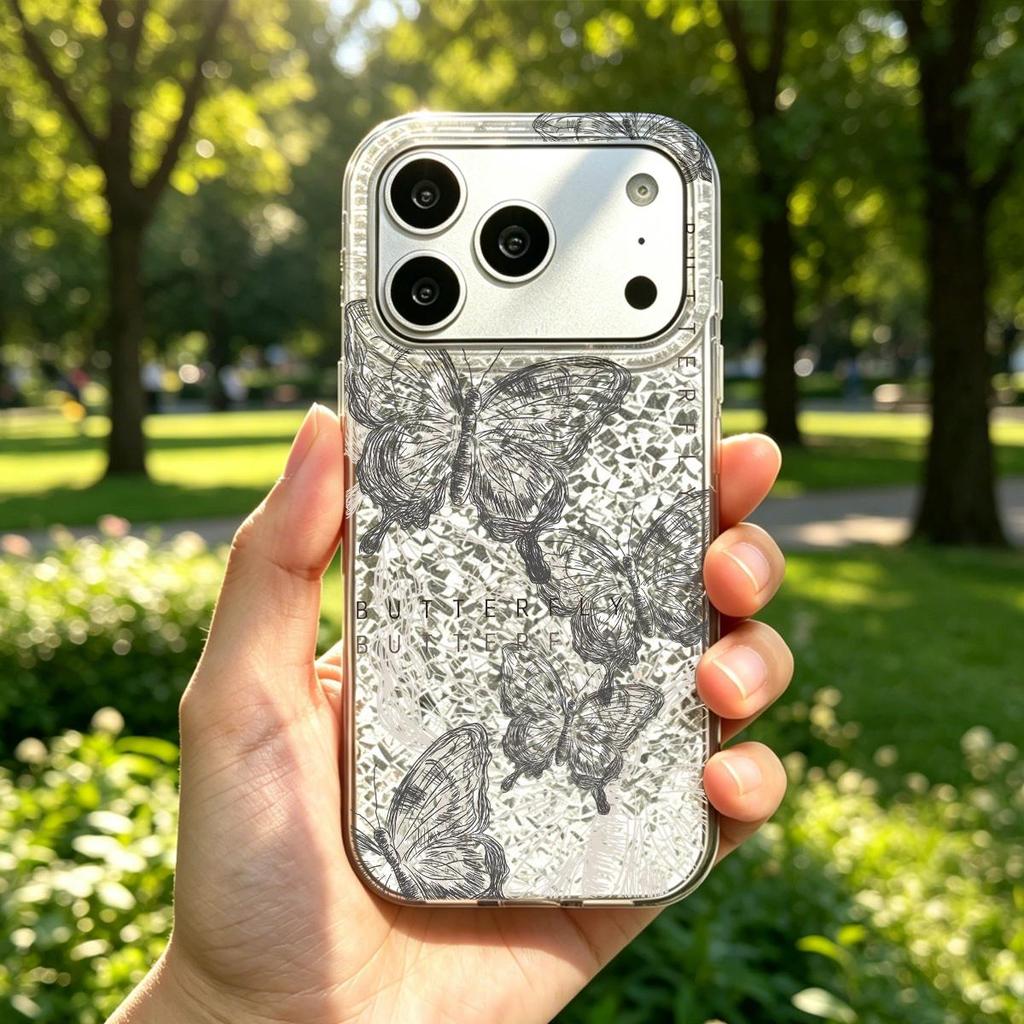 Acryl-Rückseite TPU-Stoßfänger für iPhone 14 18 Pro Max 12 17 Pro Air 11 13 XR 15 XS Max 16 Plus Schwarzes Schmetterlings-Thema hone Hülle Stoßfeste Abdeckung