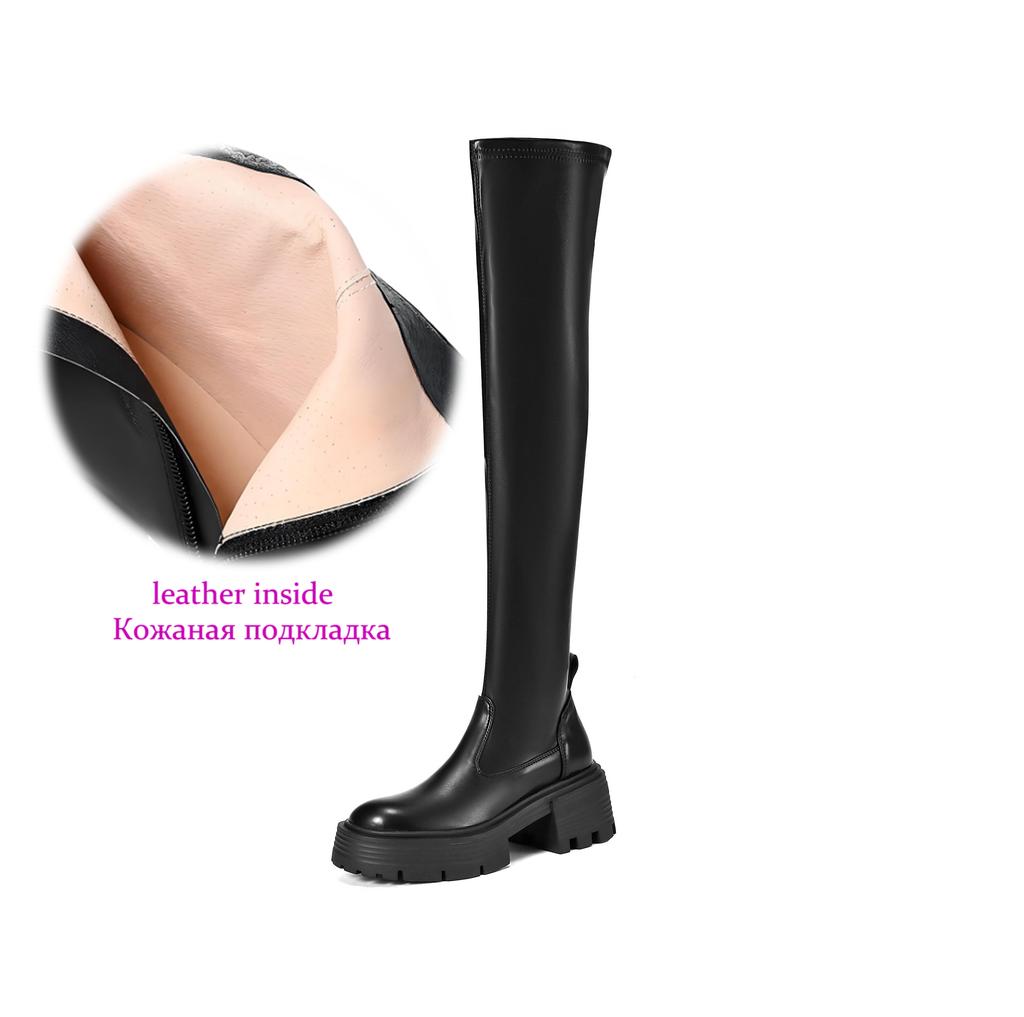 Krazing Pot Microfiber Autumn Winter Shoes Thick Bottom Flat Platform Size 43 Long Boots Zipper Over-the-knee Boots