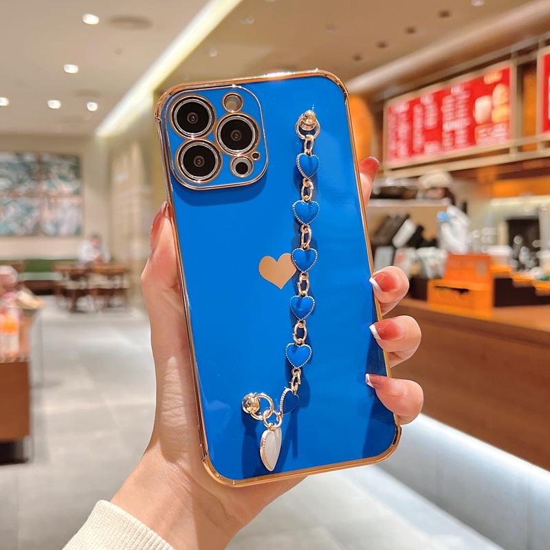 Soft Electroplated Love Heart Silicone Case For iPhone 11 12 13 Pro Max XS X XR 7 8 Plus SE  Mini Bracelet Bumper Cover