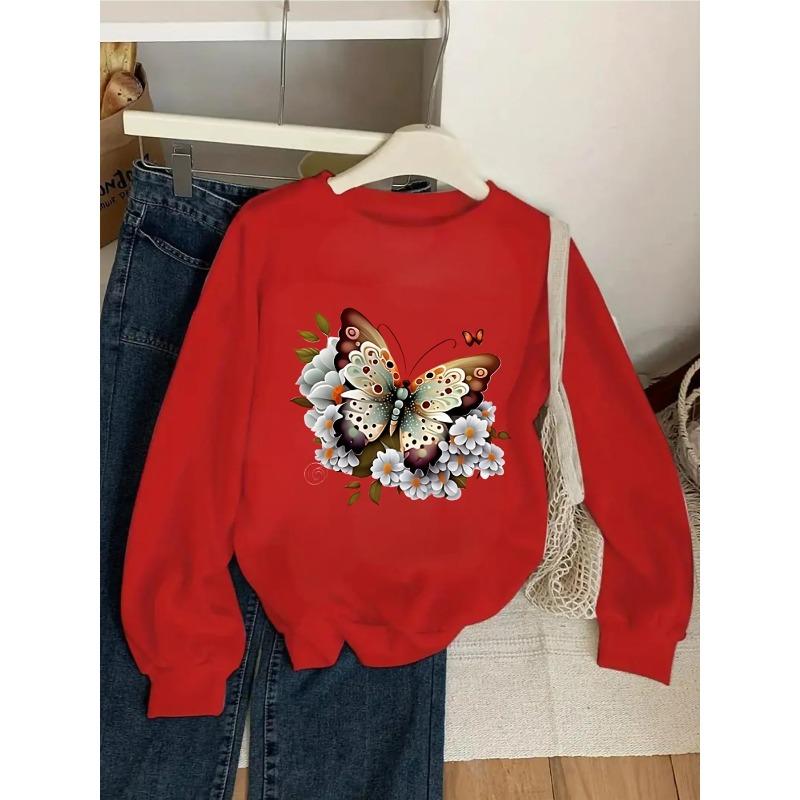 Kids Crewneck Sweatshirt, Floral Butterfly Print,Spring Autumn Casual Sport Tops