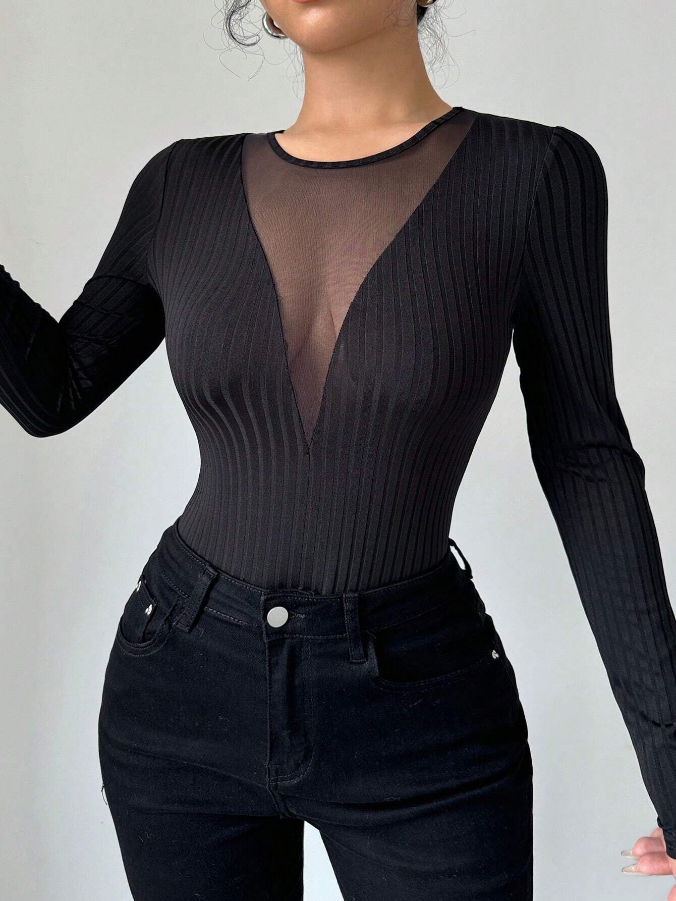 Women s Sexy Chest Mesh Patchwork Hollow Out Solid Long Sleeve T Shirt Slim Top Women Fashion Daily Basic Casual Slim Fit Ladies Elegant Top S