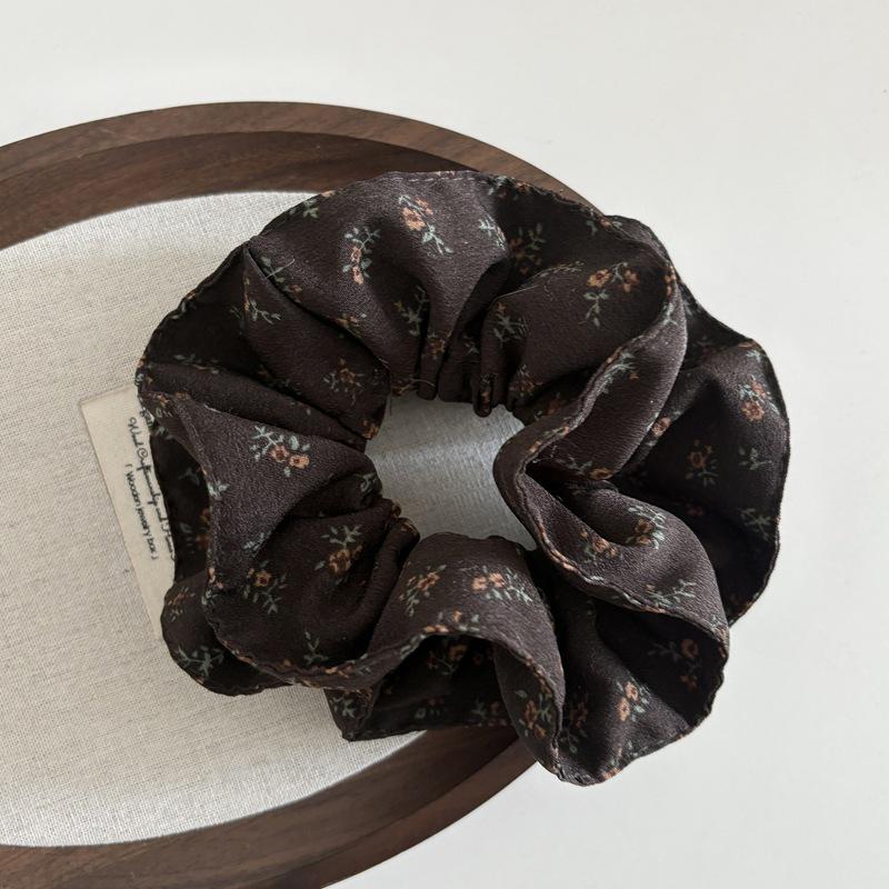 Korean Coffee Plaid Floral Scrunchie & Scarf Set for Women