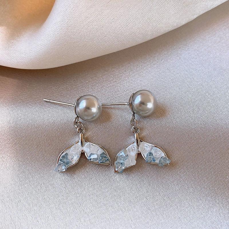 

Elegant Gradient Blue Crystal & Pearl Fish Tail Earrings - Summer 2025 Collection