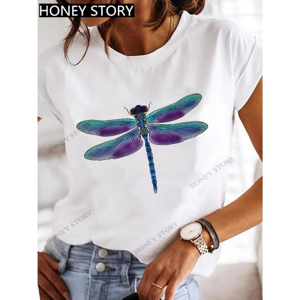 Dragonfly butterfly print blouse loose women's short-sleeved T-shirt round neck casual fashion daily