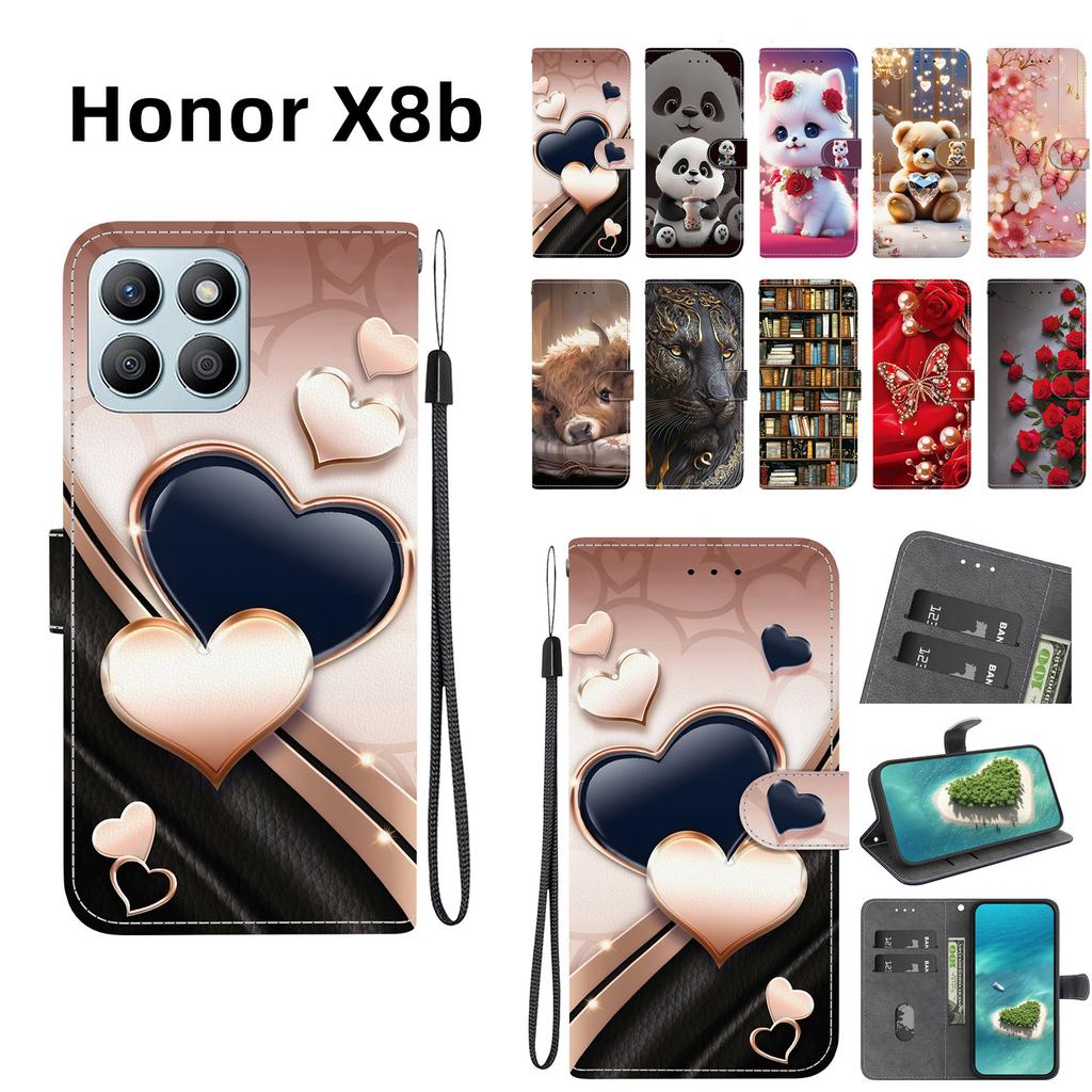 Handmade PU Leather Flip Case for Honor X8b Anti-Slip Shockproof Cover with Wrist Strap & Heart/Rose Cat Designs