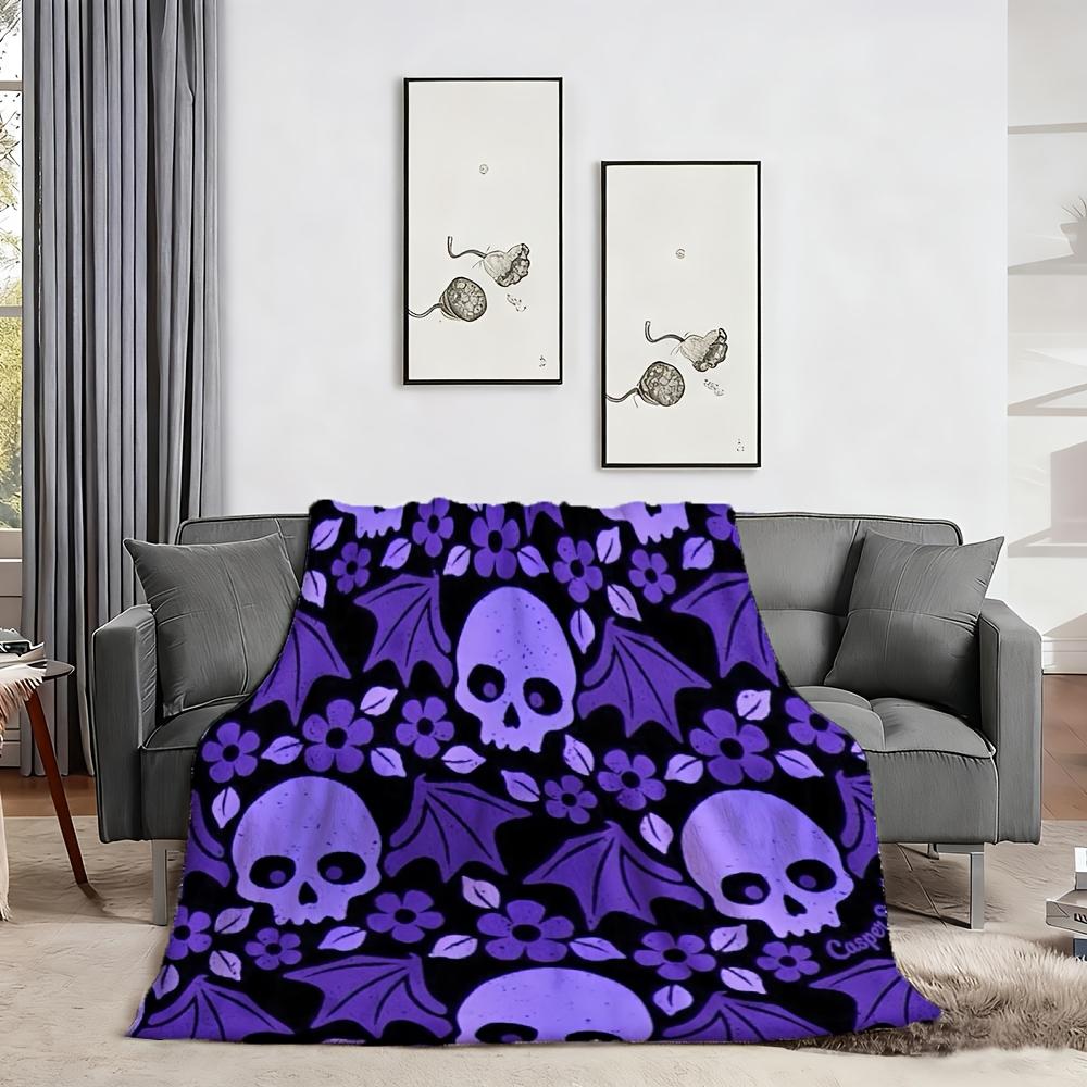 1pc Gothic Purple Pink Black Skull & Bat Wing Flannel Blanket - 280gsm Heavyweight Soft Bedspread, All-Season Beige-Friendly Bed