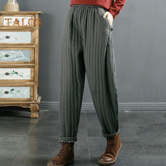 Women Casual Pants Elastic High Waist Loose Fit Thickened Sweatpants with Pockets Solid Color Casual Trousers