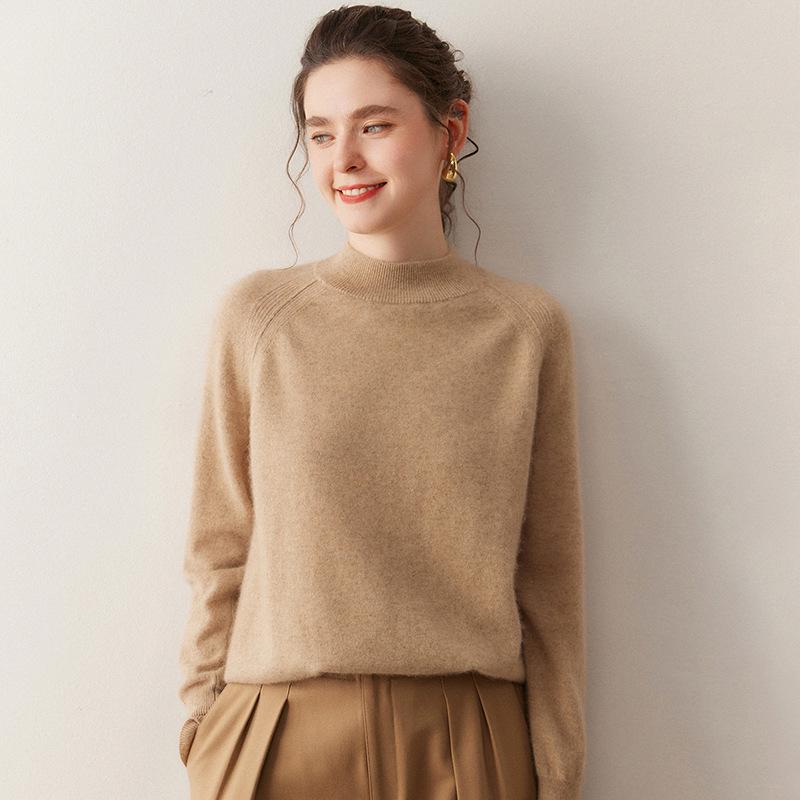 Pullover Sweater: Double-Layer Cashmere, Half-High Collar, Simple Knit Design