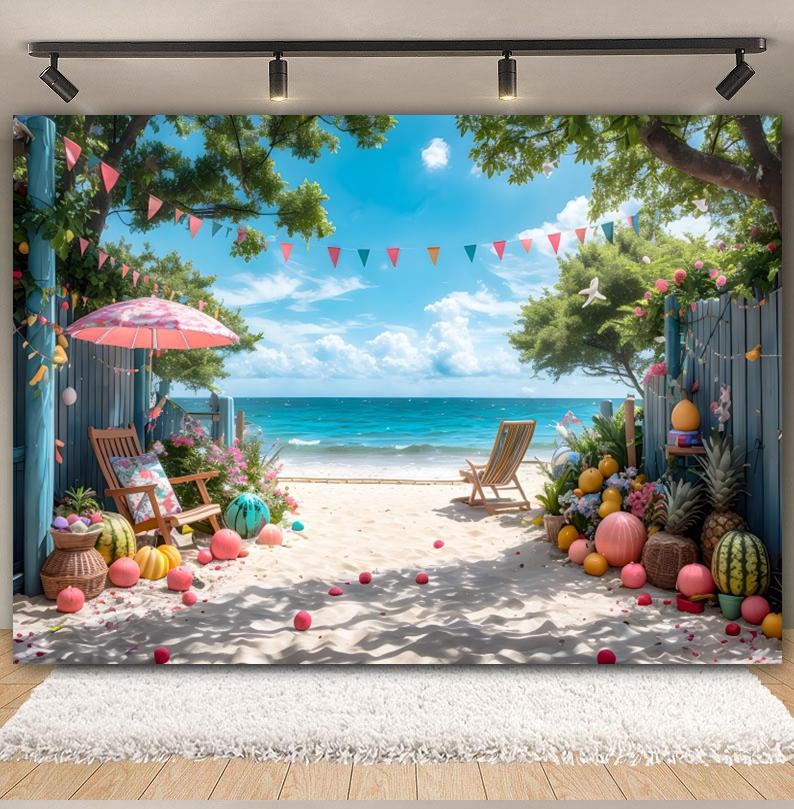 Summer Seaside Fruit Beach Palm Tree Theme Banner Background, Holiday Camping Party Decoration Photography Studio Backdrop Cloth