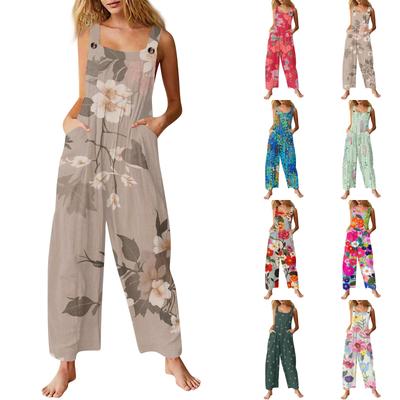 Women's Floral-print Casual Loose Retro Drawstring Cotton And Linen One-piece Pants