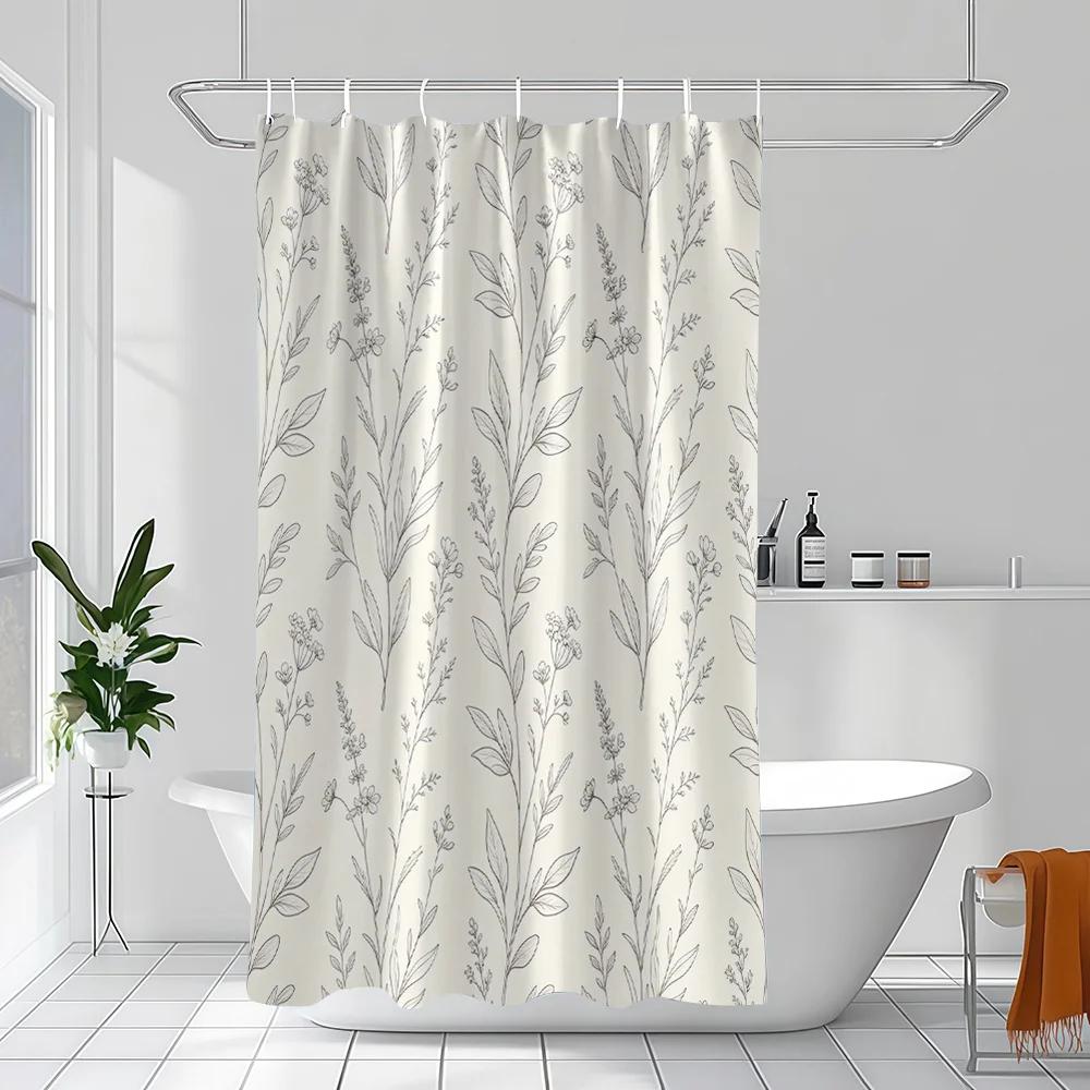 Elegant Botanical Line Art Shower Curtain Bathroom Decor Natural Floral Leaf Print Waterproof Shower Curtain