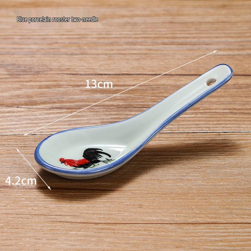 Small White Ceramic Soup Spoon - Rooster Design, Three-Bend, Thickened for Commercial Use