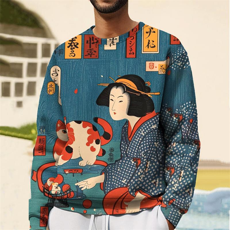 Fashion Japanese Ukiyo-E Graphic Sweatshirt For Men Spring Autumn Trend Long Sleeve 3D Printed Hoodie Casual Streetwear Pullover