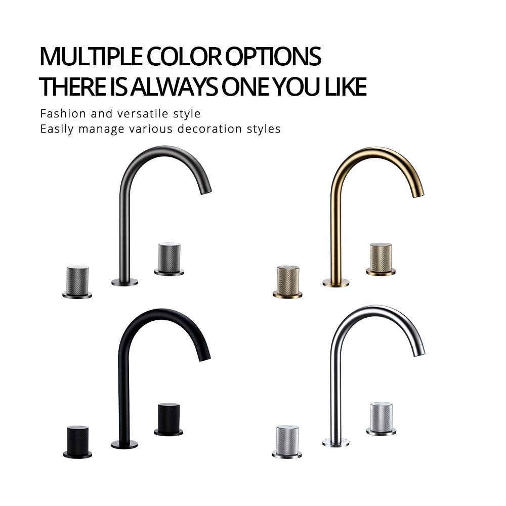 Brushed Rose Gold Basin Faucet 3PCS Knurled Handles Sink Tap Hot And Cold Deck Mounted Mixer Widespread Faucet 3 Holes Set