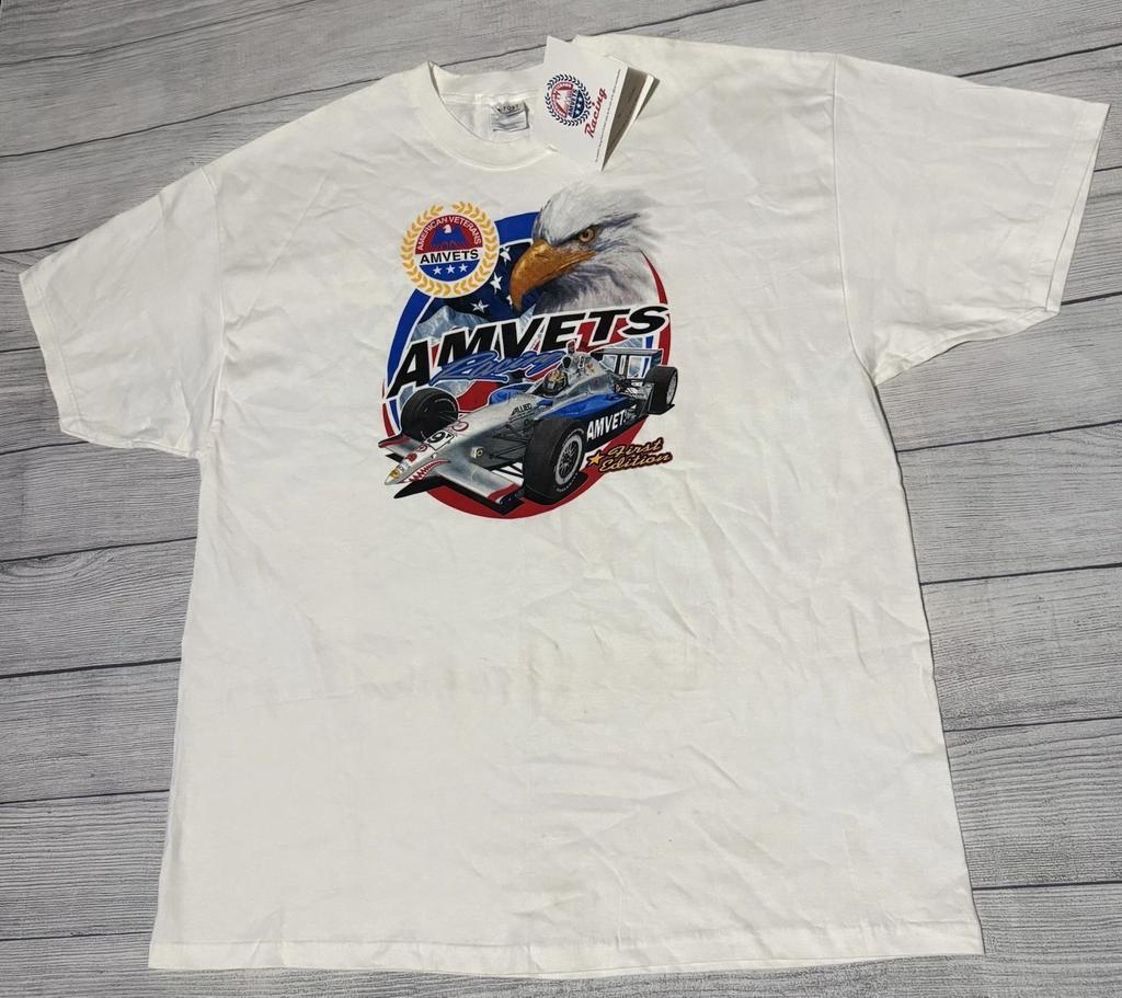 Vintage Y2K Amvets Racing Grafik T-Shirt Größe 2XL NWT Mängel Indy 500 Promo