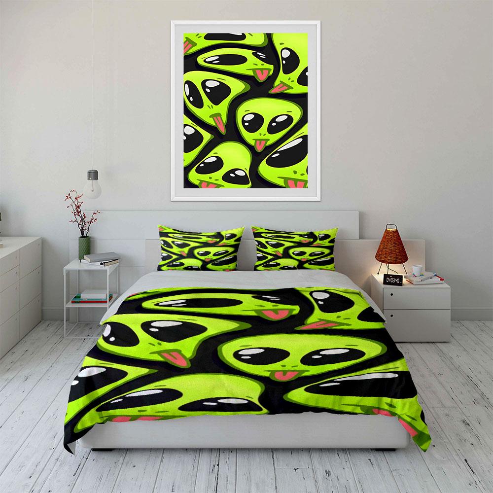 Green Alien Faces Pattern. Bedding Sets Duvet Cover Sets Duvet Covers Pillowcases(1 * Duvet Cover 2 * Pillowcases, Without Duvet Insert)