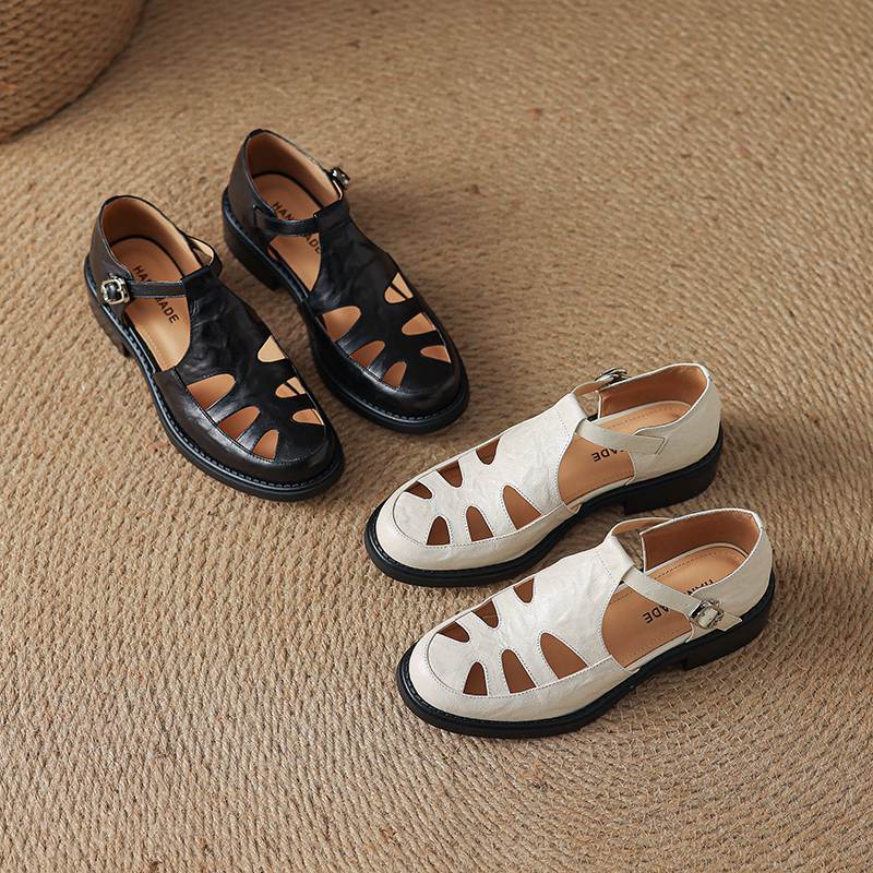 Krazing Pot Fårskinn Rund Tå Storlek 42 Hög Kvalitet Tjock Mellanhög Klack Spänne Ihålig Stil Vacker Höst Större Storlek Pumps