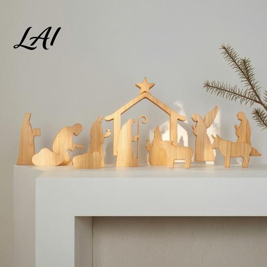Christmas Story Display for Home 13Pcs Wooden Nativity Scene Set Mini Holy Family Figurines Durable Set Decoration Tabletop Manger Decorations
