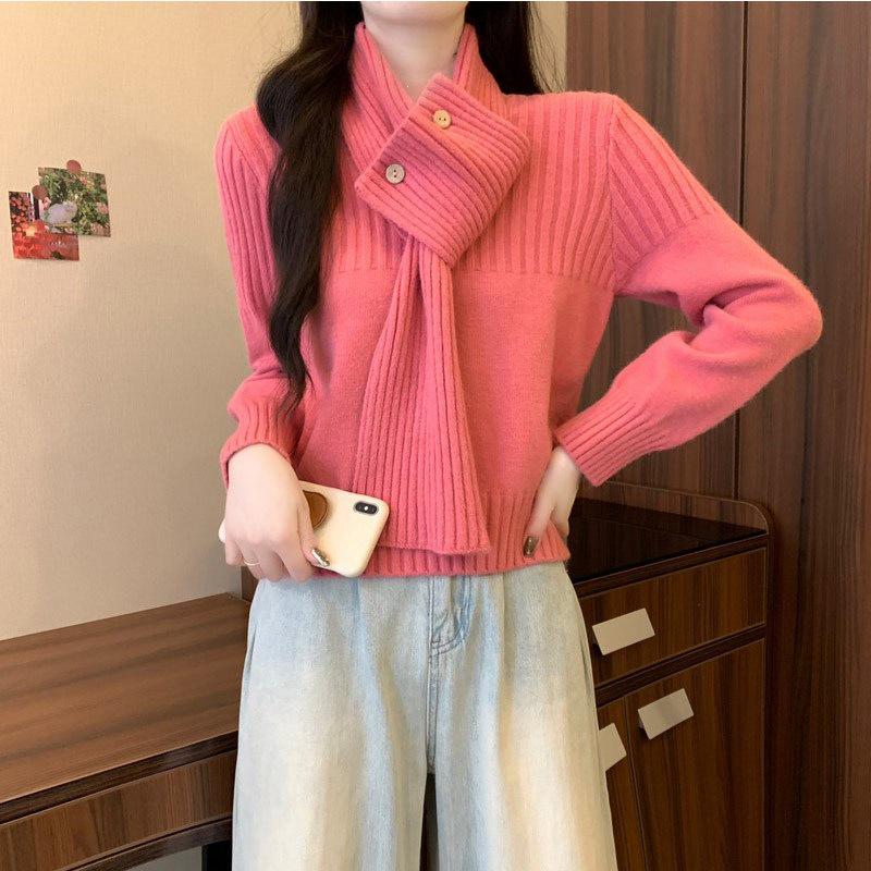 Korean Style Red Knit Pullover Scarf Sweater for Women – Autumn/Winter Fashion