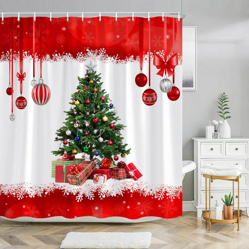 Christmas Balls Shower Curtain Colorful Xmas Balls Green Candy Canes Hanging on Pine Tree Branch for Christmas Ornament Branches