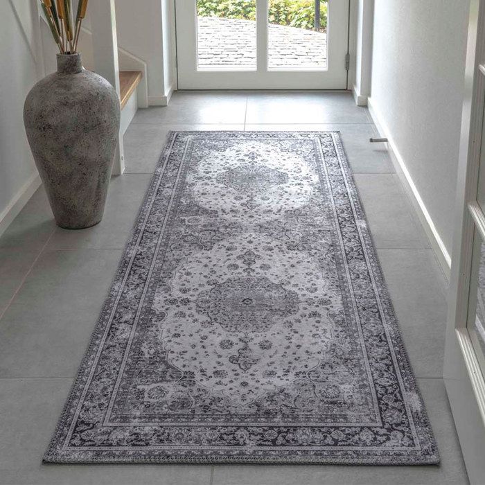 Tapis d'entrée vintage 80x200 cm en polyester noir et blanc - FAGUO