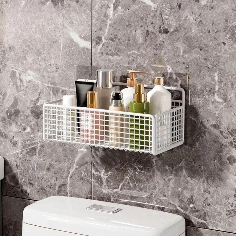 Non Drill Wall Mounted Storage Rack Self Adhesive Toiletries Organizer Storage Basket Daily Use