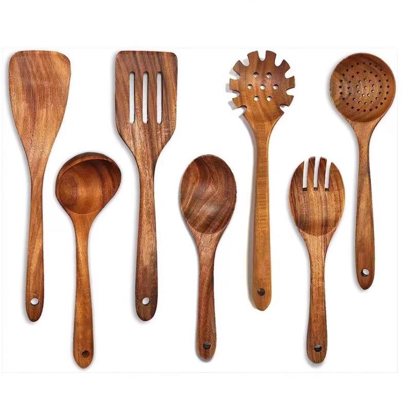 Teak Non-Stick Long-Handle Solid Wood Pan and Acacia Wood Kitchenware Set
