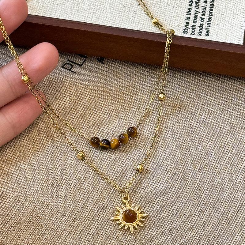 Sun Star Zircon Necklace For Women Vintage Leather Necklace Double Layered Pendant Chain Choker  Jewelry