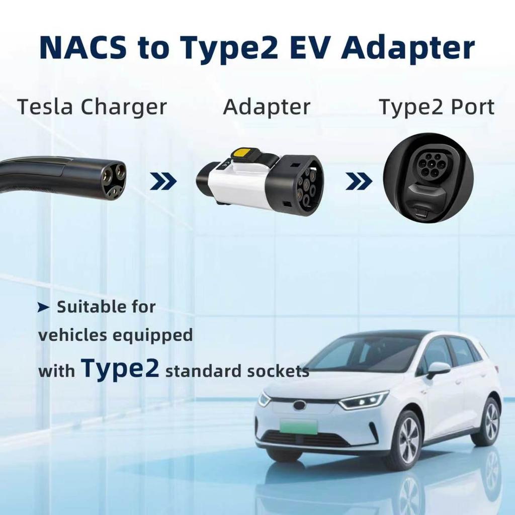 EVqiaoyi NACS to Type2 EV Adapter 32A 7KW from Tesla Pile to Type2 EV Charging Converter for EU Standard Cars