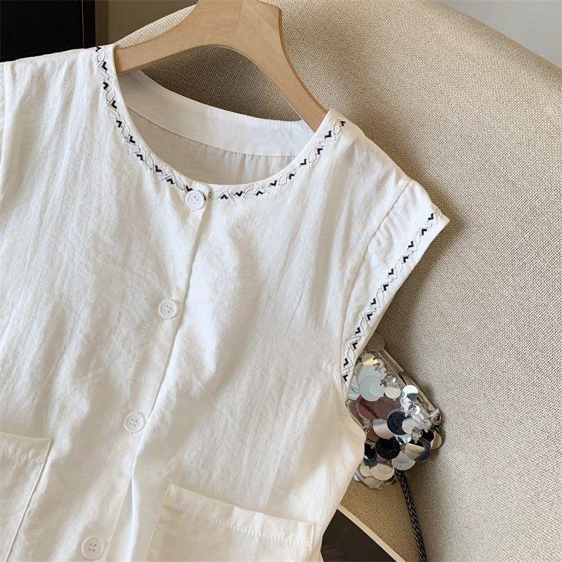 Korean Style Sleeveless Cotton Linen Vest Women Embroidered Summer Top