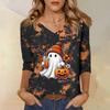Women's Casual Halloween Print V-Neck Three-Quarter Sleeve T-Shirt