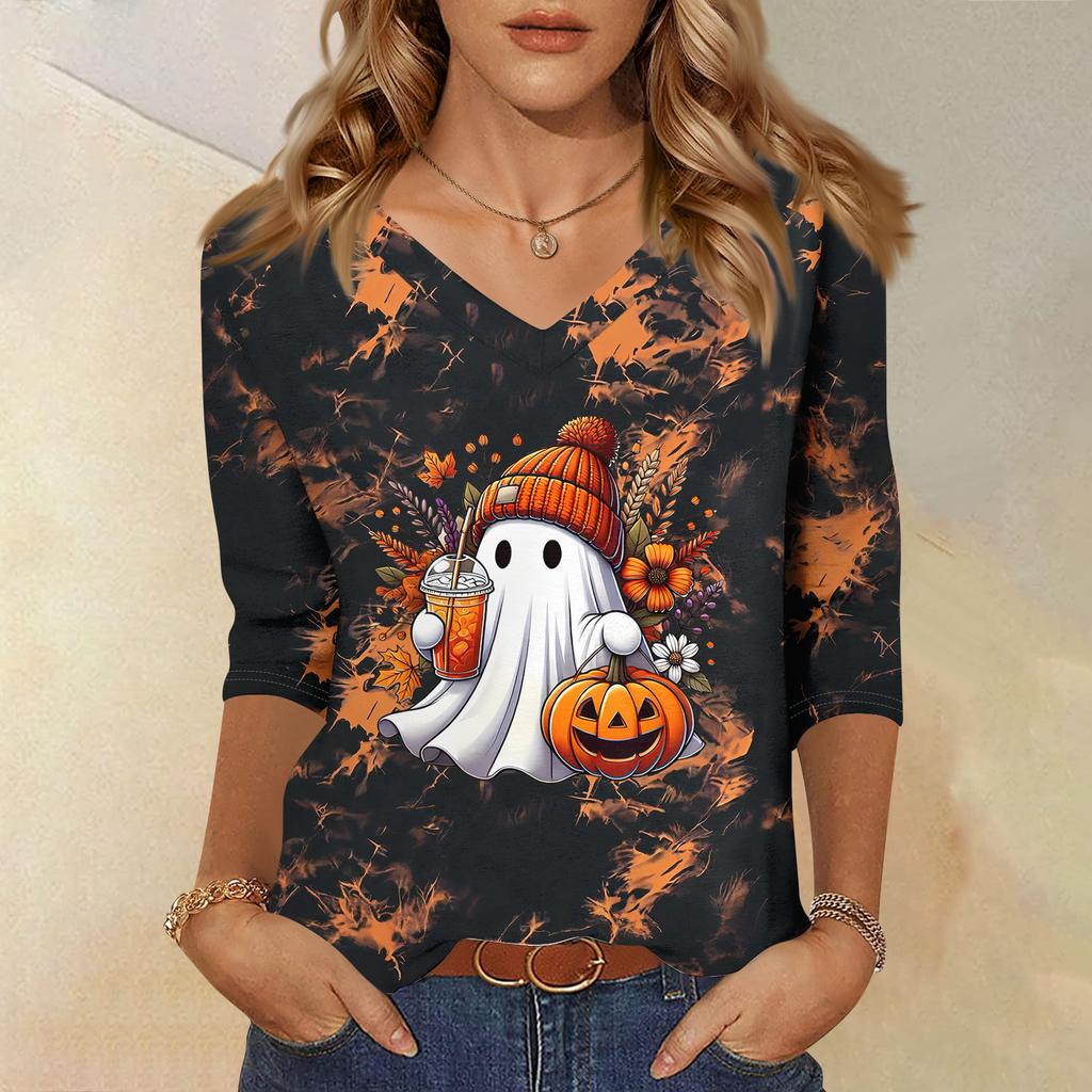 Women's Casual Halloween Print V-Neck Three-Quarter Sleeve T-Shirt
