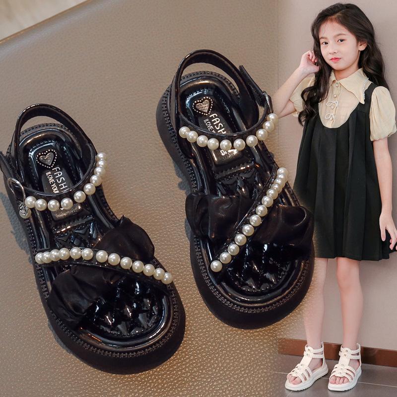 Sandały dla dziewczynek Buty letnie dla dzieci Dziecięce sandały plażowe z perłami Słodkie księżniczki Antypoślizgowe Odkryte palce Koronkowe Szykowna koralikowa aplikacja