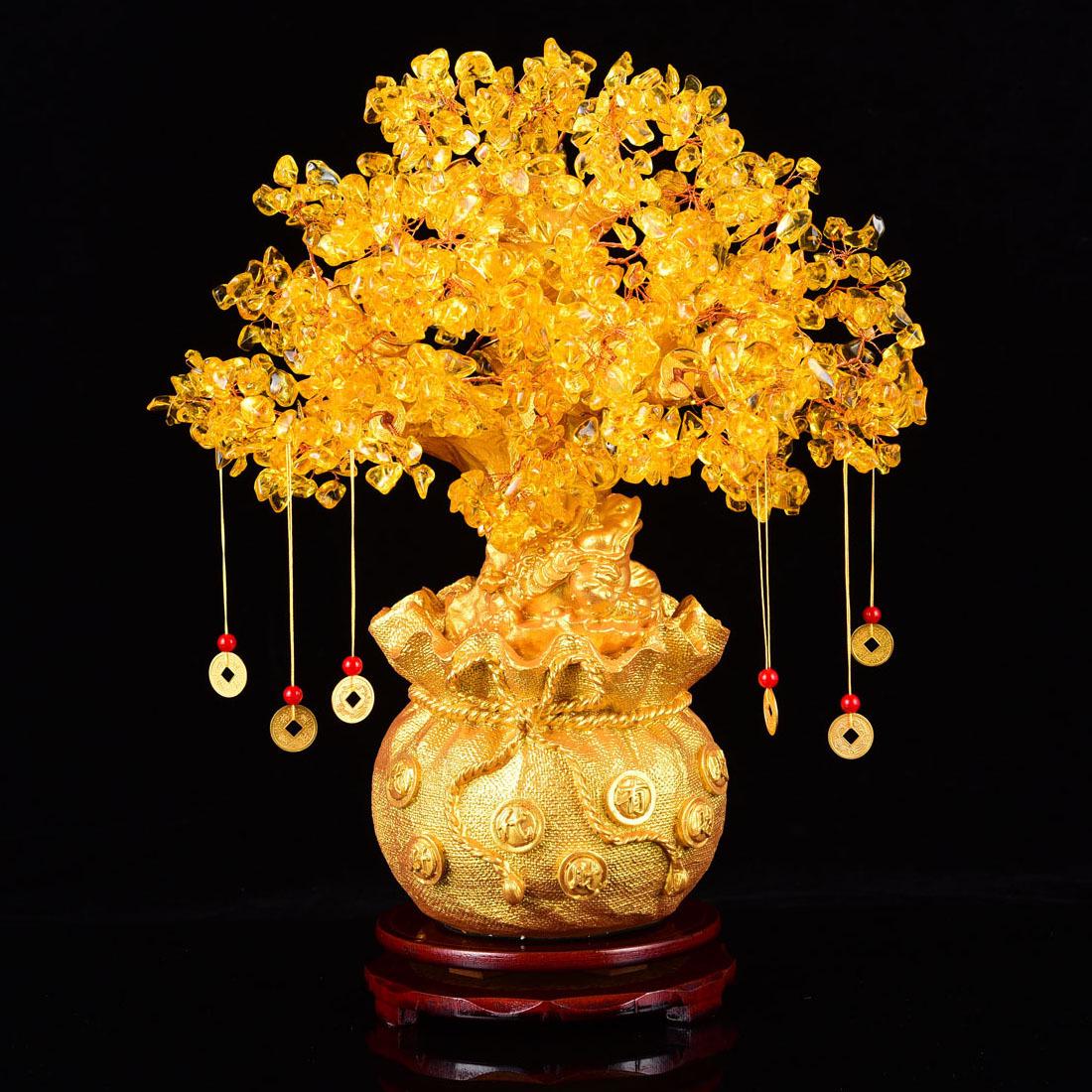 Natural Crystal Money Tree Coin Purse Ornament - Wealth  Luck Business Gift Extra Small Yellow Crystal Money Tree 12cm