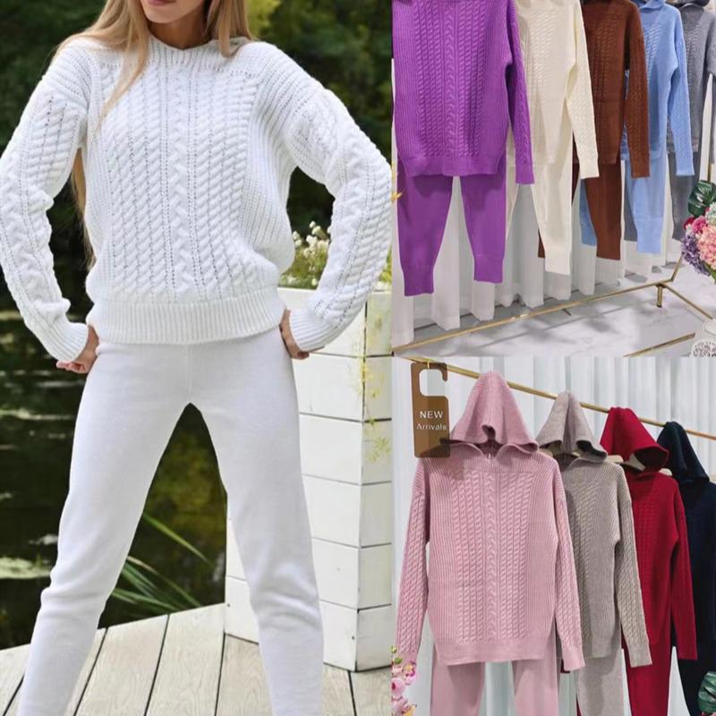 Women's Autumn/Winter 2023 Casual Two-Piece Knit Set - Cable Knit Pullover